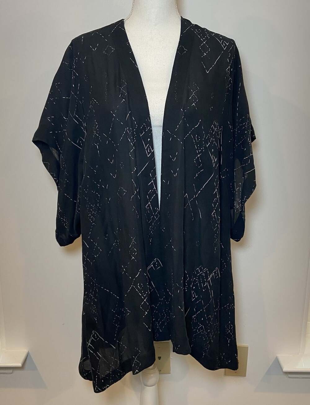 Eileen Fisher Open Cardigan Kimono Silk Blend Black White S M